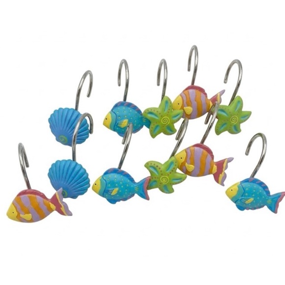 VTG 11 Nautical Hand Painted Fish & Shell Tropical Resin Shower Curtain Hooks - Picture 2 of 14